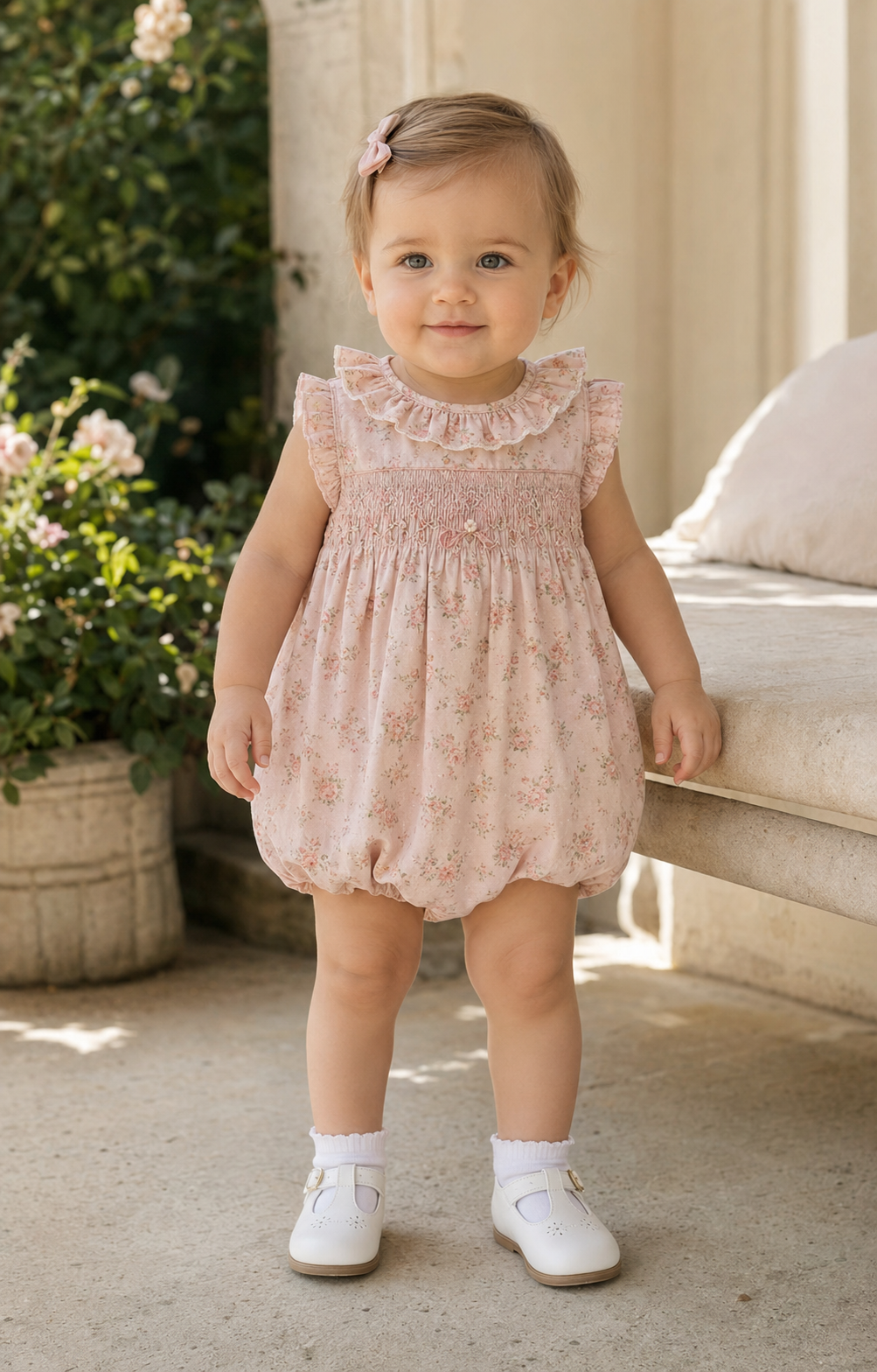 Baby girl wearing a floral smocked bubble romper