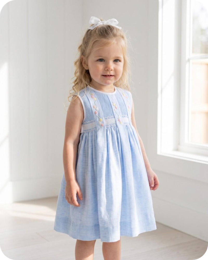 Blue Floral Sibling Matching Smocked Outfits