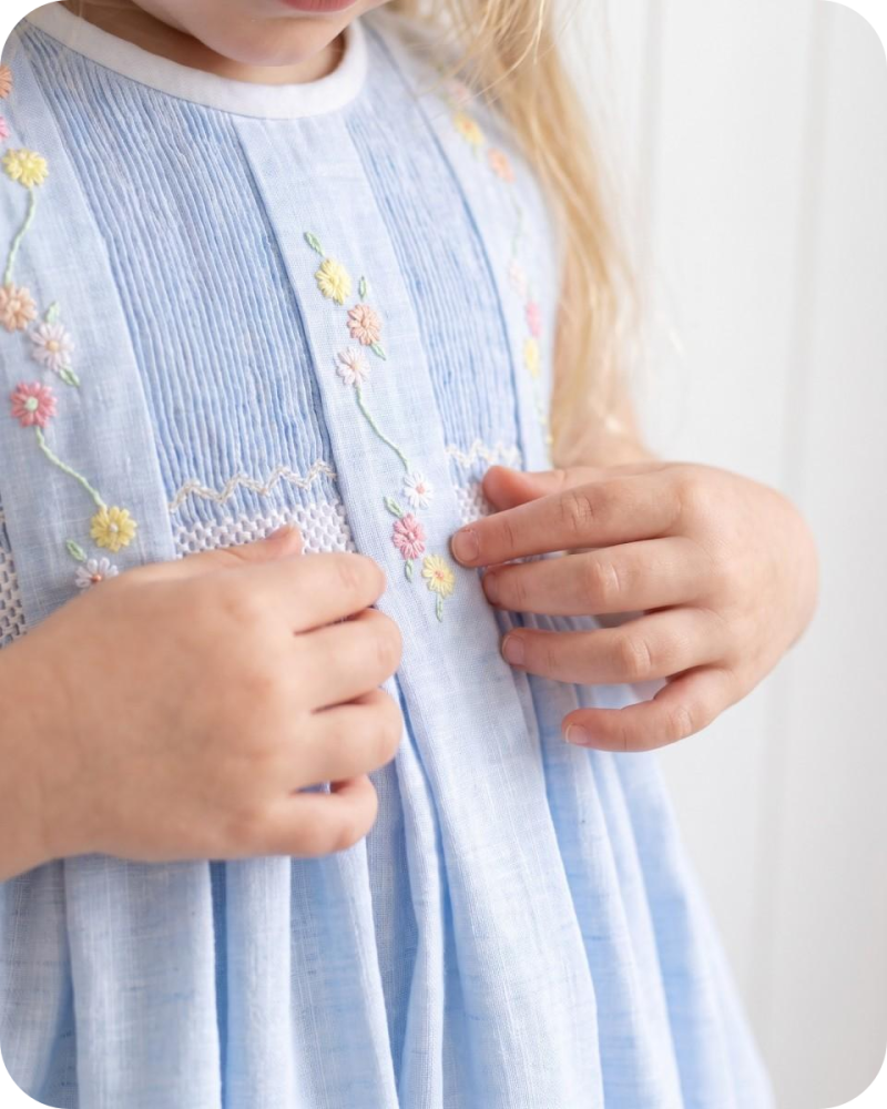 Blue Floral Sibling Matching Smocked Outfits