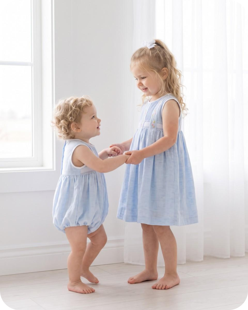Blue Floral Sibling Matching Smocked Outfits