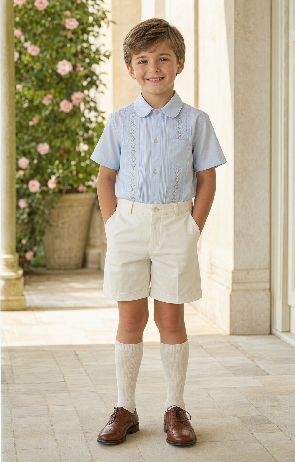 Boy wearing a classic blue shirt and cream shorts