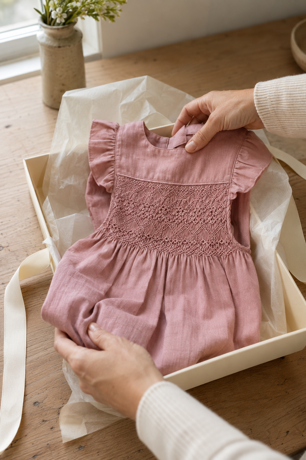A hand-smocked children's outfit presented in an elegant gift box