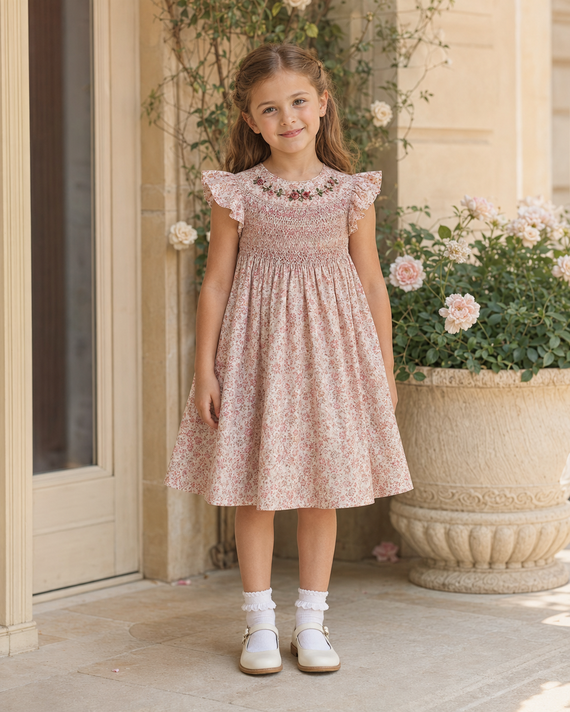 Girl wearing a knee-length floral smocked dress