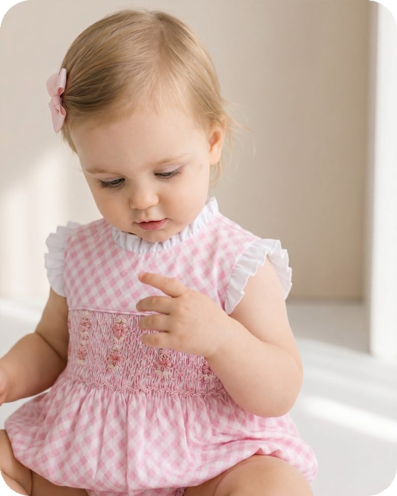 Pink Gingham Ruffle Hand-smocked Bubble