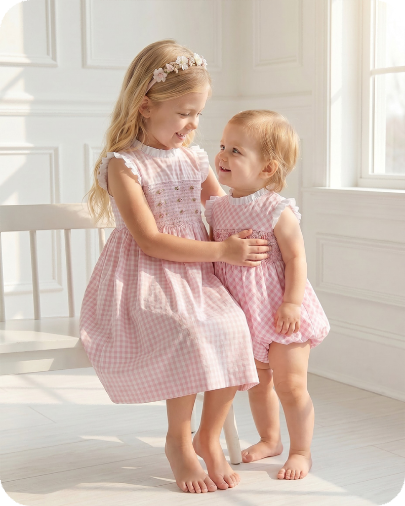 Pink Gingham Smocked  Sisters Matching Clothes