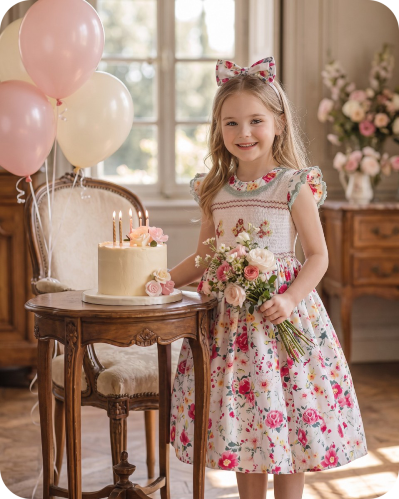 Rose Print Smocked Flower Girl Dress