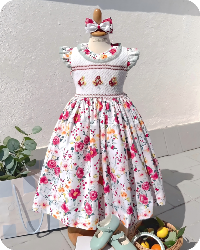 Rose Print Smocked Flower Girl Dress