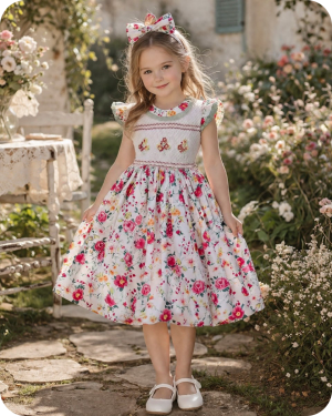 Rose Print Smocked Flower Girl Dress