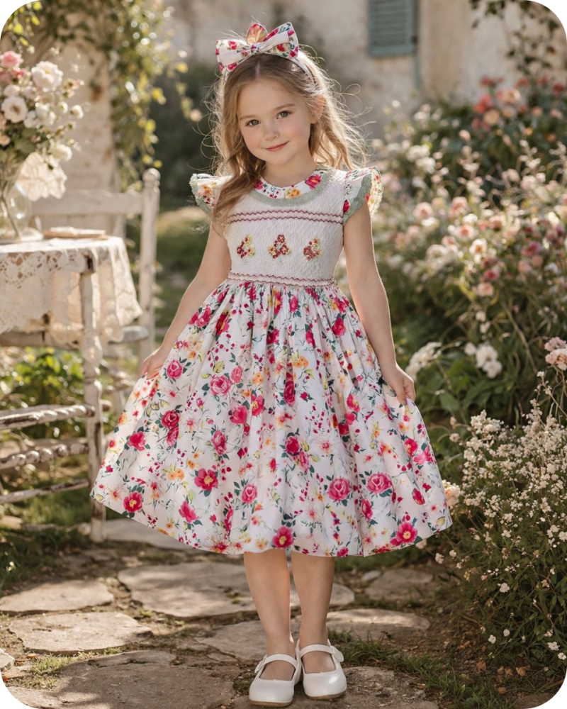 Rose Print Smocked Flower Girl Dress