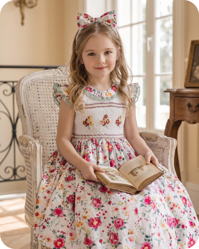 Rose Print Smocked Flower Girl Dress