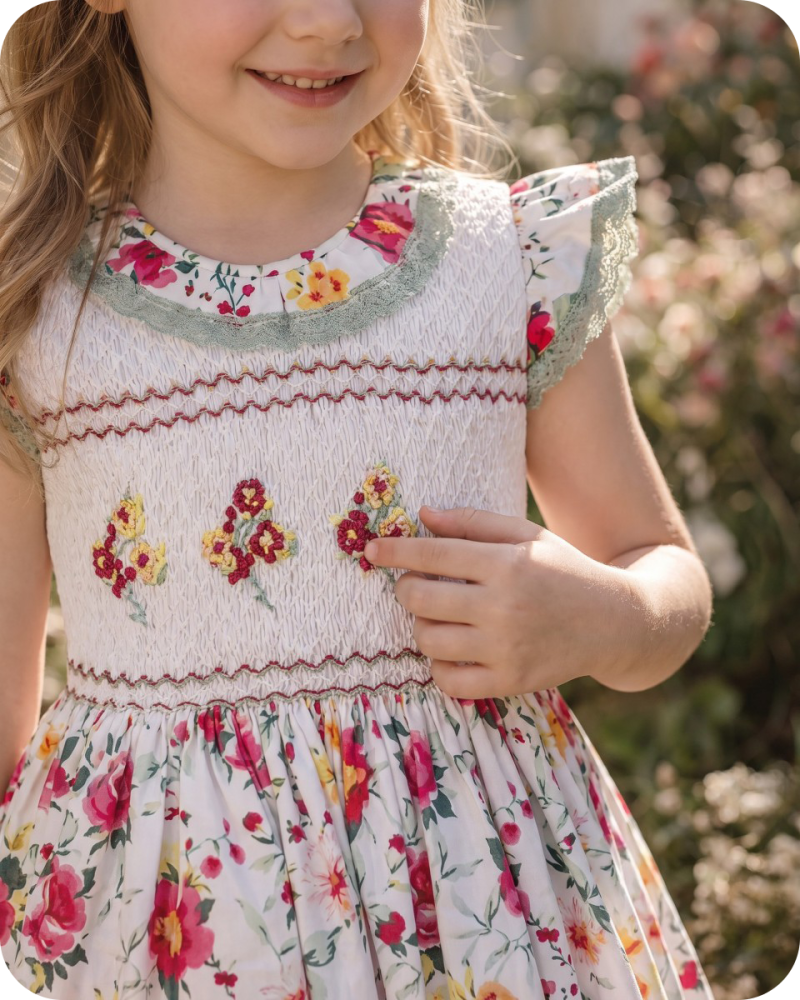 Rose Print Smocked Flower Girl Dress