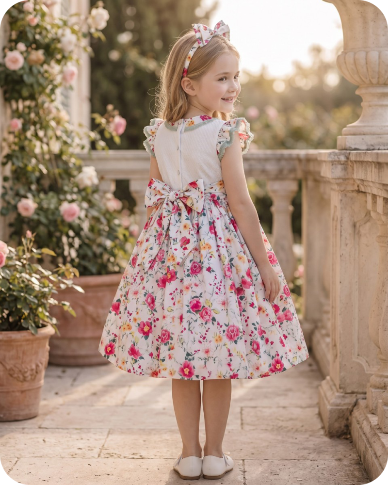 Rose Print Smocked Flower Girl Dress