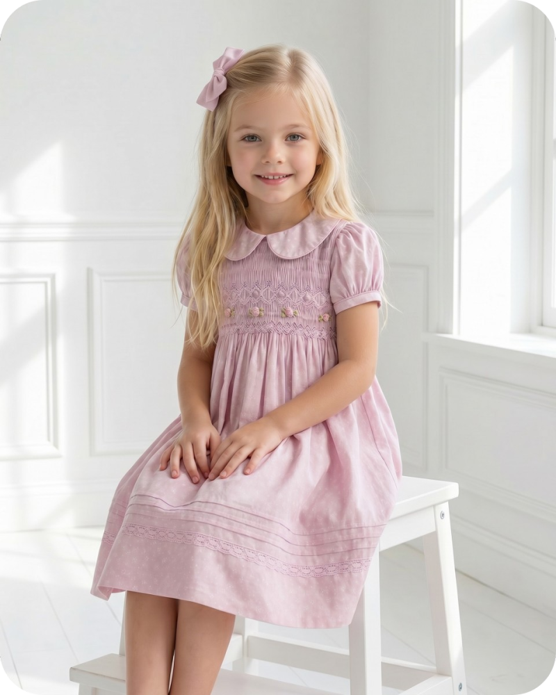 Soft Pink Dotted Hand Smocked Dress