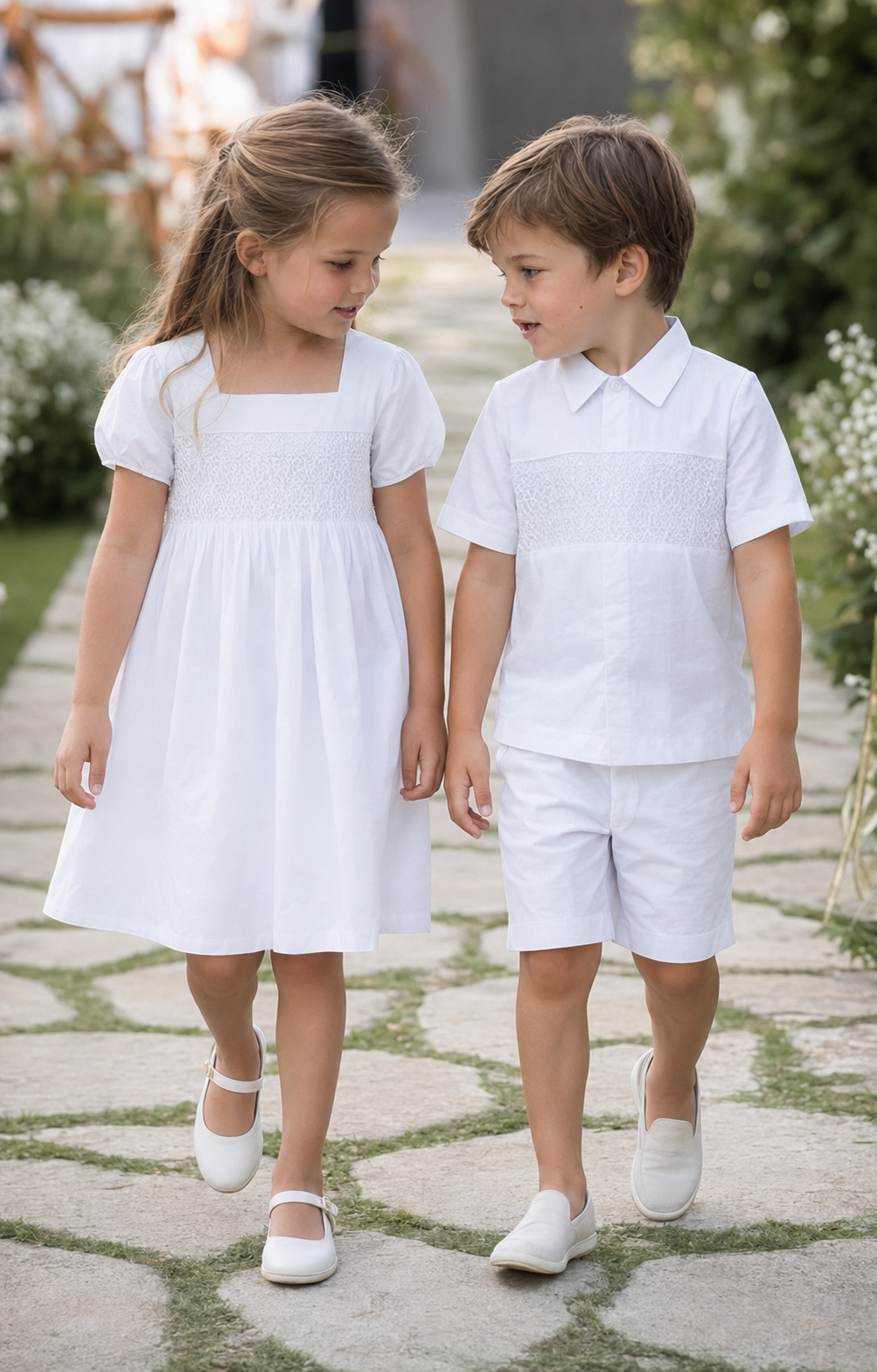 Flower girl and ring bearer wearing timeless wedding clothing
