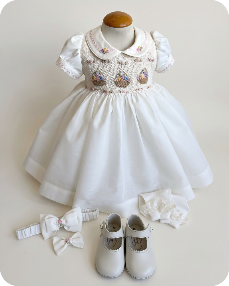 White Heirloom Smocked Dress with Flower Basket Embroidery