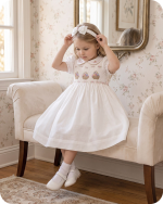 White Heirloom Smocked Dress with Flower Basket Embroidery