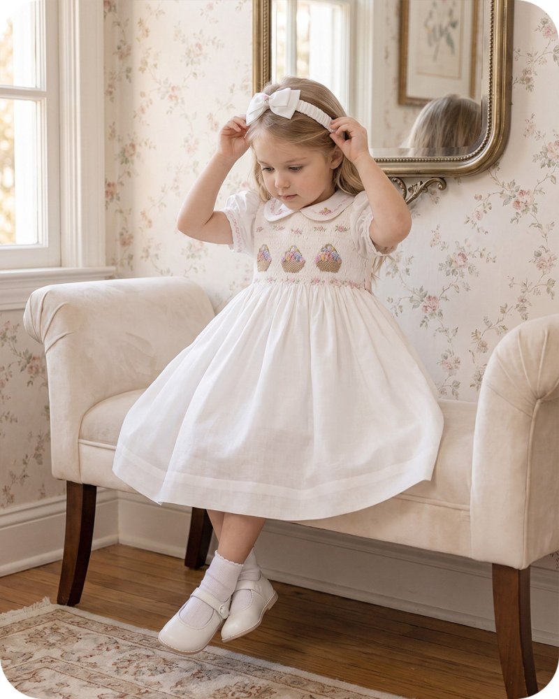White Heirloom Smocked Dress with Flower Basket Embroidery