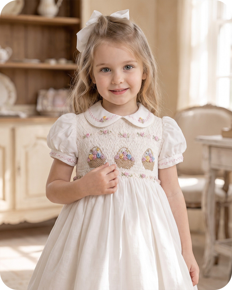 White Heirloom Smocked Dress with Flower Basket Embroidery
