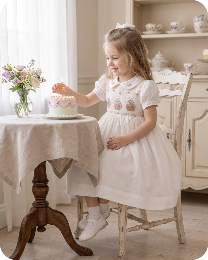 White Heirloom Smocked Dress with Flower Basket Embroidery