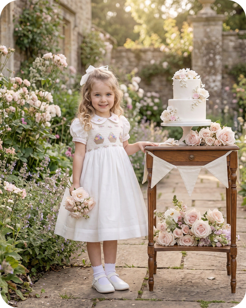 White Heirloom Smocked Dress with Flower Basket Embroidery