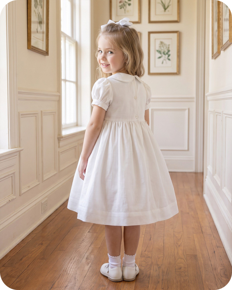 White Heirloom Smocked Dress with Flower Basket Embroidery