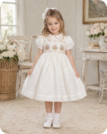 White Heirloom Smocked Dress with Flower Basket Embroidery