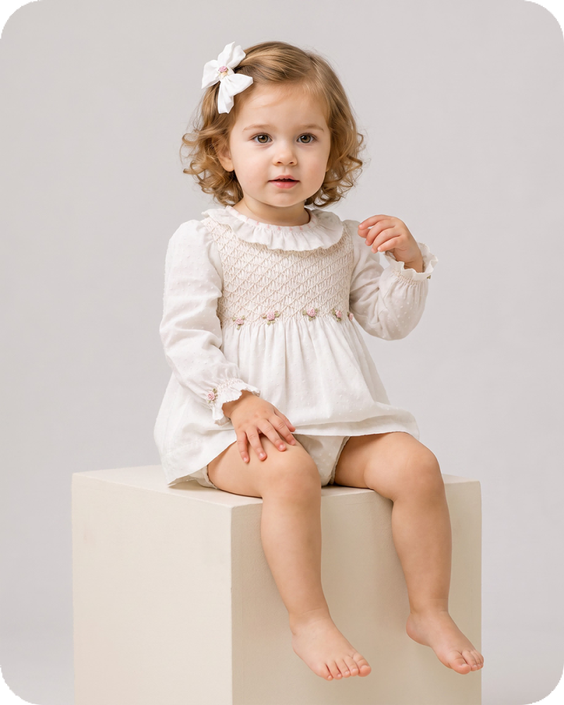White Long Sleeve Smocked Baby Dress Set