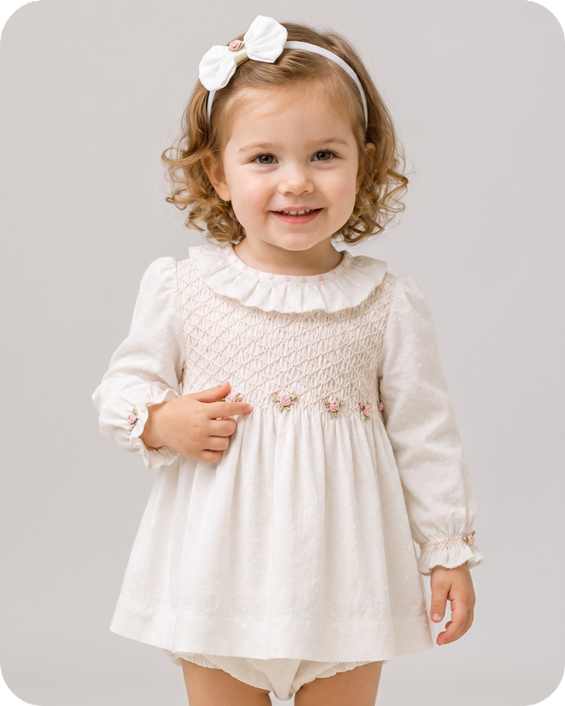 White Long Sleeve Smocked Baby Dress Set