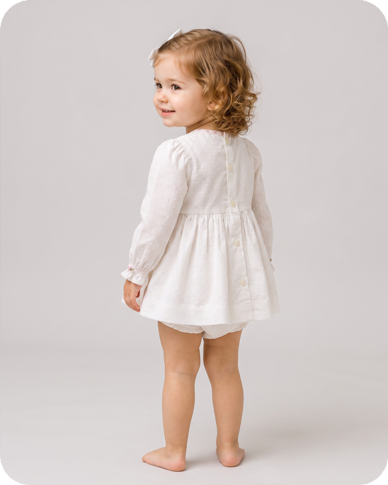 White Long Sleeve Smocked Baby Dress Set