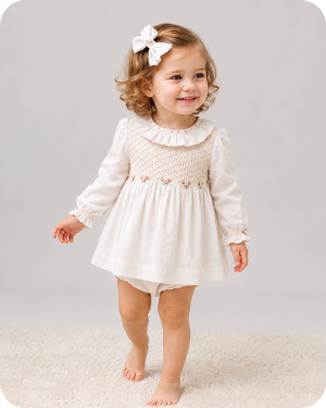 White Long Sleeve Smocked Baby Dress Set