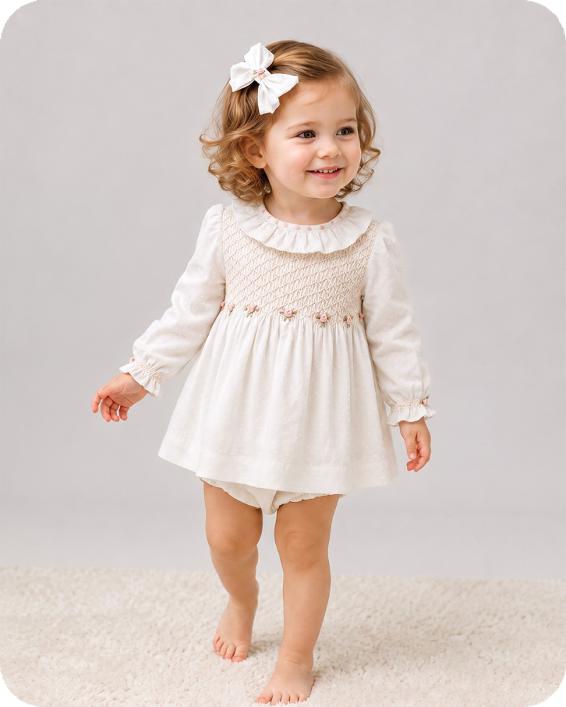White Long Sleeve Smocked Baby Dress Set
