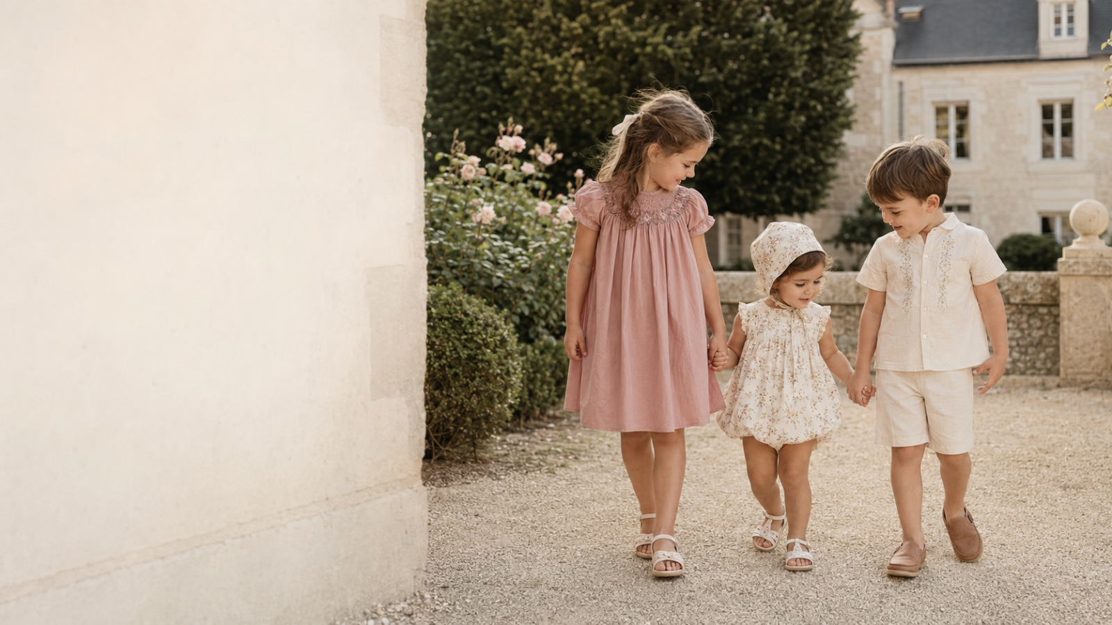 Three children wearing timeless smocked and embroidered outfits in a garden