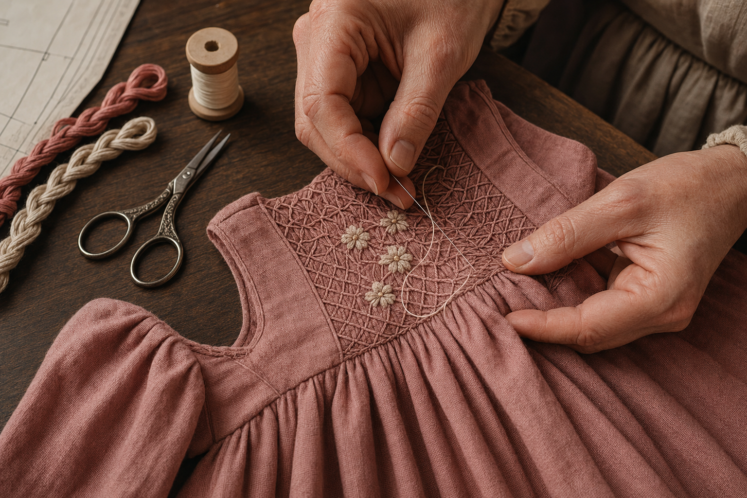 An artisan hand-stitching smocking and floral embroidery on a children's dress