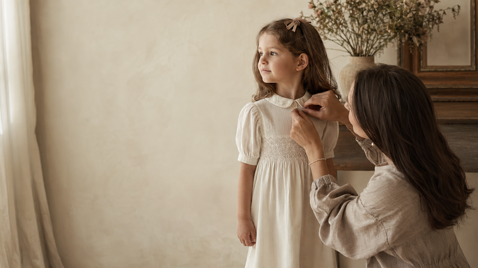 A mother gently adjusting her daughter's handmade smocked dress