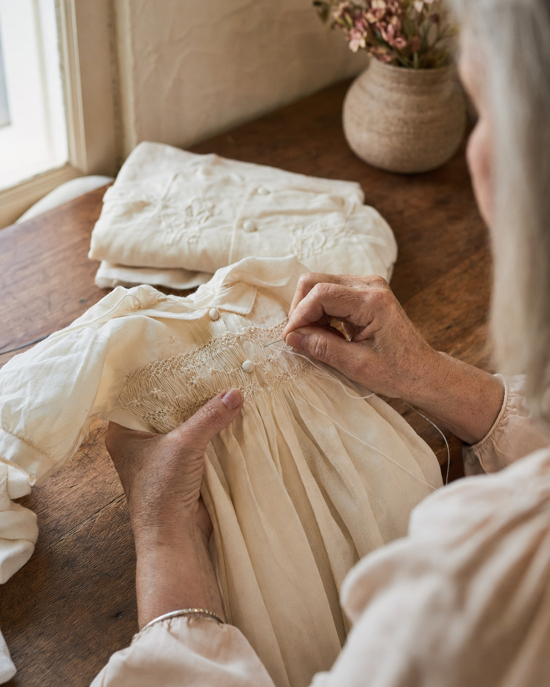 An artisan carefully hand-stitching an heirloom children's dress