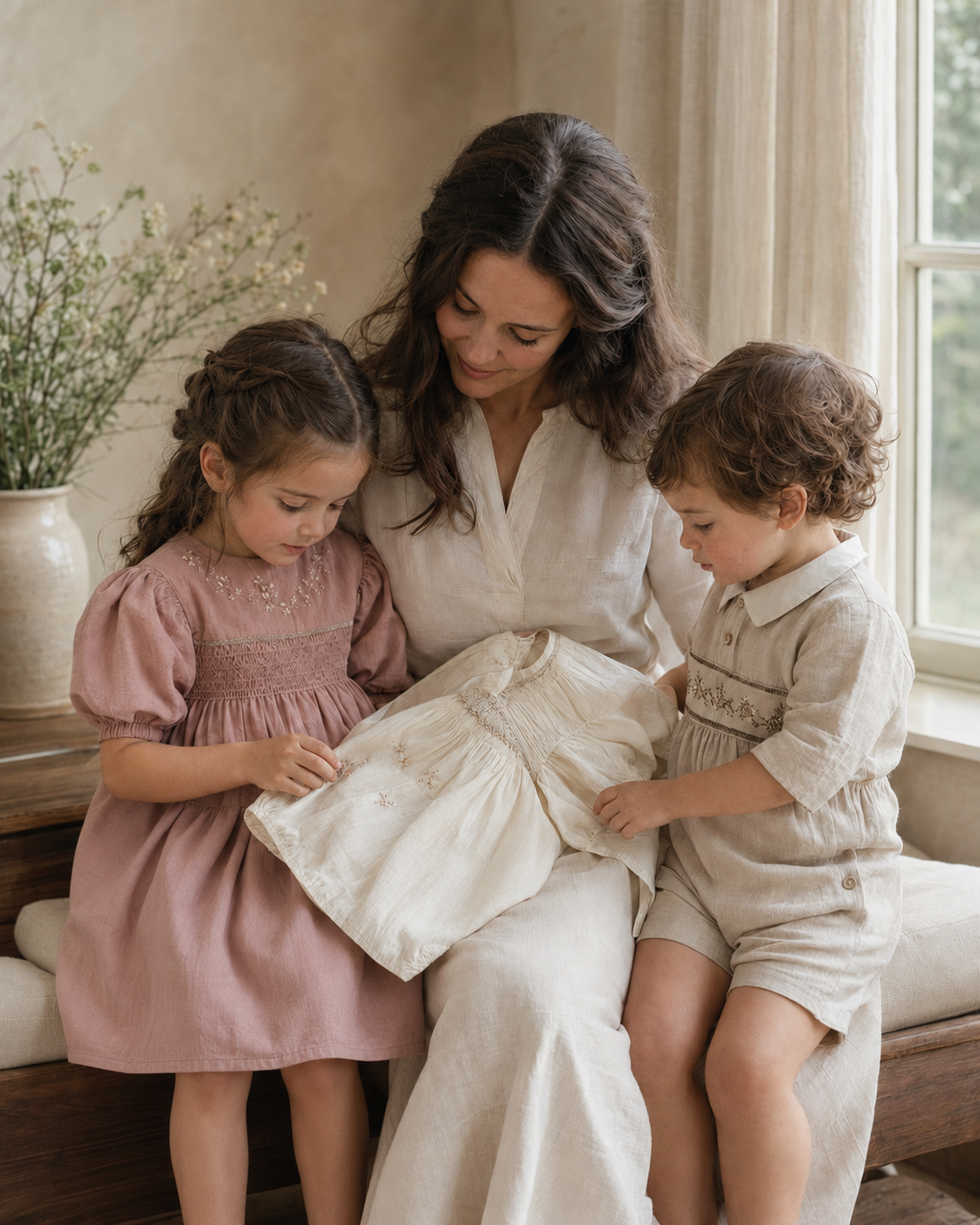 A mother sharing a treasured heirloom dress with her two children