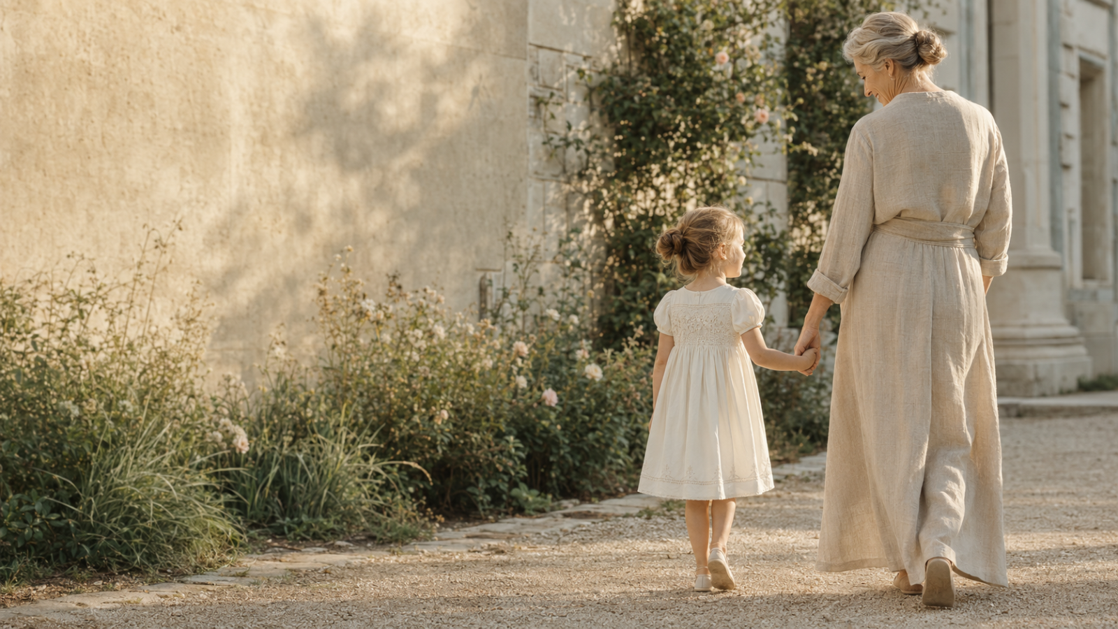 A grandmother and child walking hand in hand through a sunlit garden
