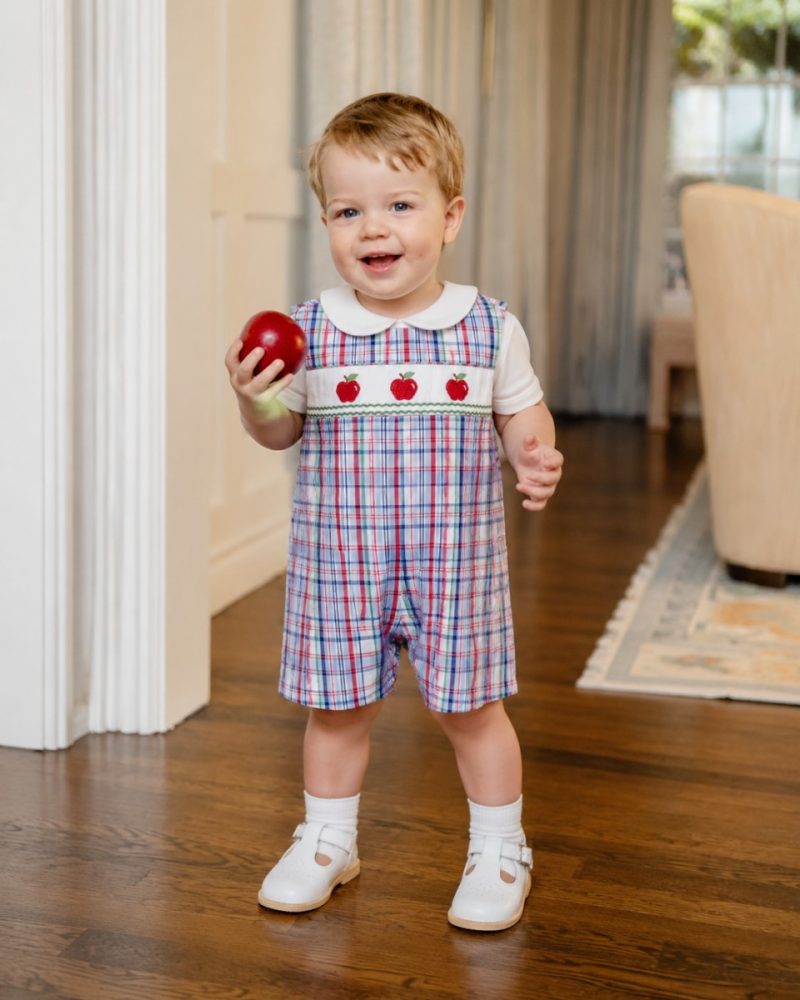Apple Embroidered Plaid Smocked Jon Jon