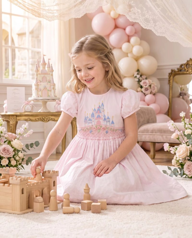 Castle Embroidered Princess Pink Smocked Dress