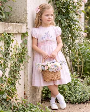 Castle Embroidered Princess Pink Smocked Dress