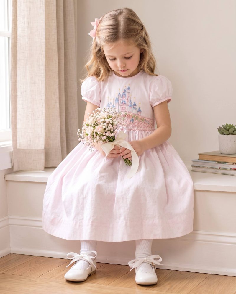 Castle Embroidered Princess Pink Smocked Dress