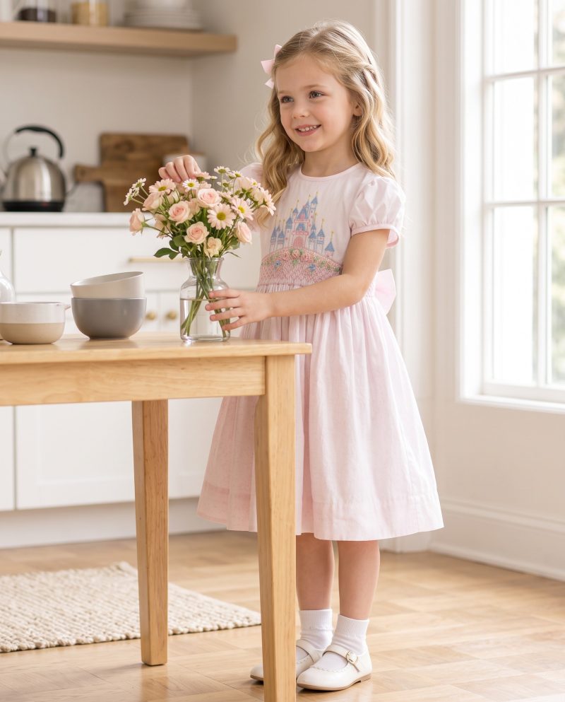 Castle Embroidered Princess Pink Smocked Dress