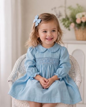 Classic Blue Peter Pan Collar Girls Smocked Dresses