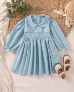 Classic Blue Peter Pan Collar Girls Smocked Dresses
