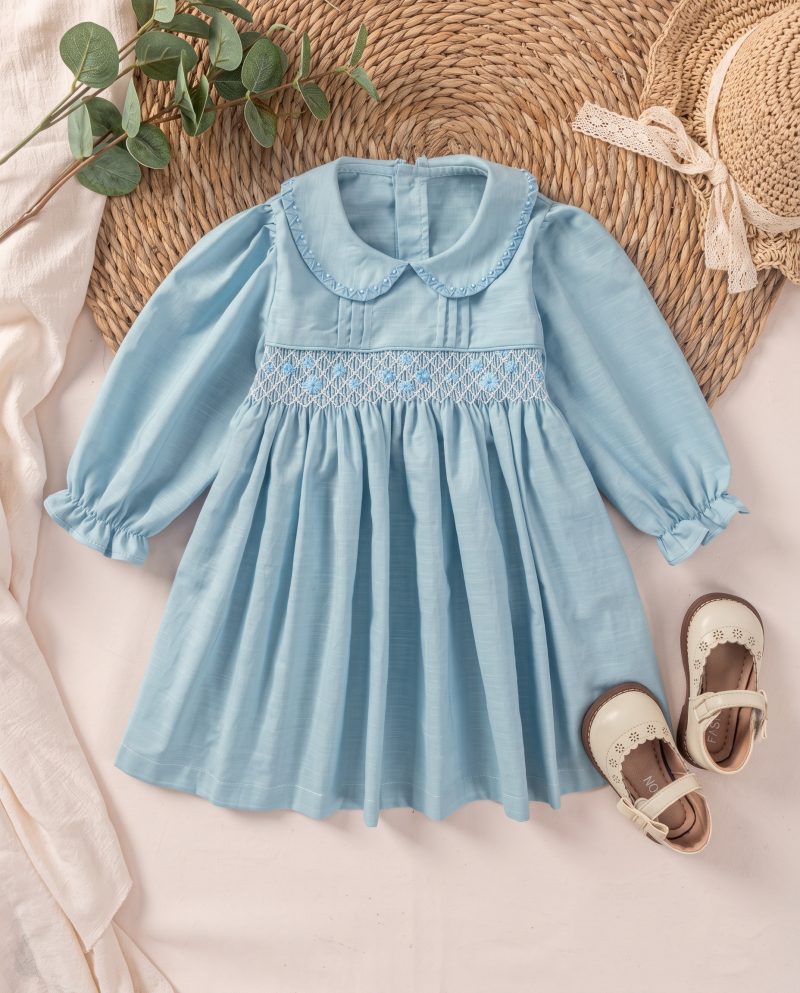 Classic Blue Peter Pan Collar Girls Smocked Dresses