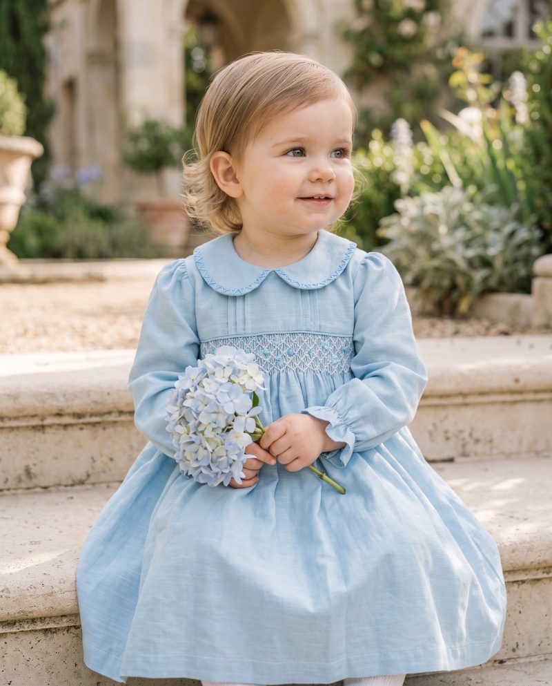 Classic Blue Peter Pan Collar Girls Smocked Dresses