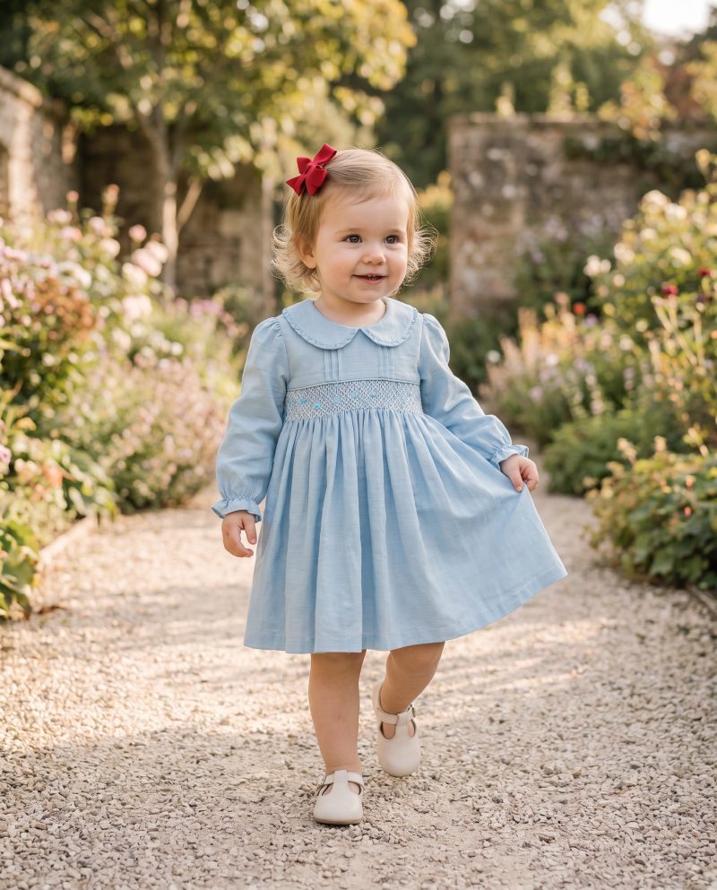 Classic Blue Peter Pan Collar Girls Smocked Dresses