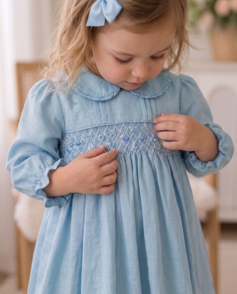 Classic Blue Peter Pan Collar Girls Smocked Dresses