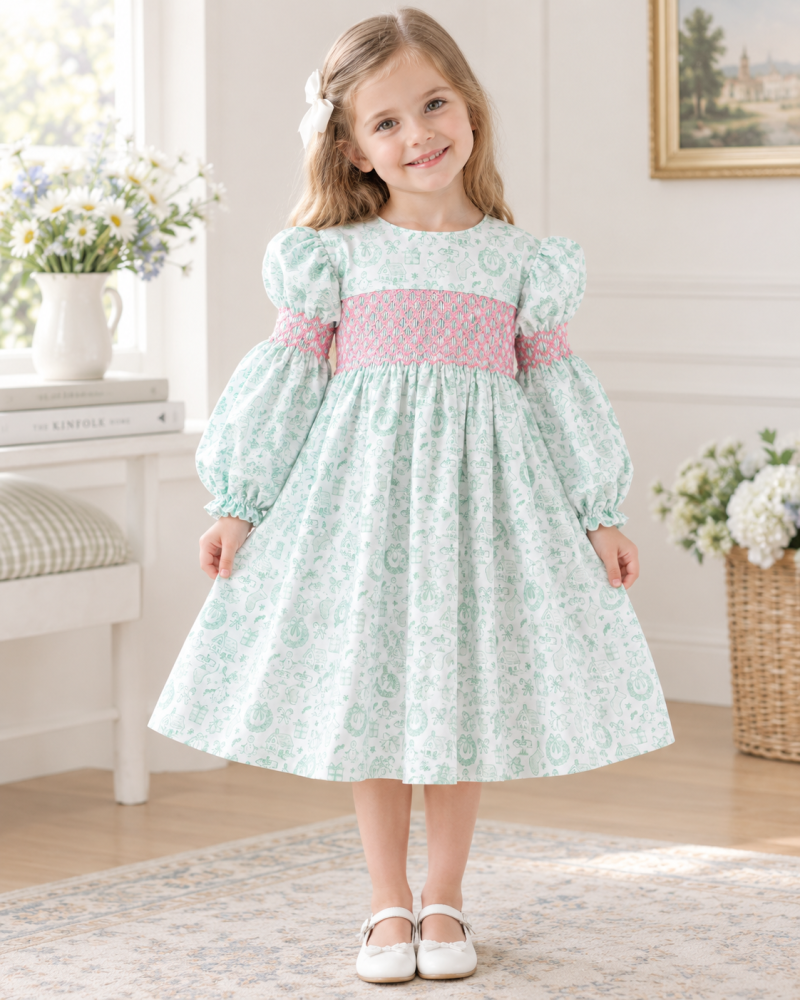 Mint Green Long Sleeve Smocked Girl Clothes