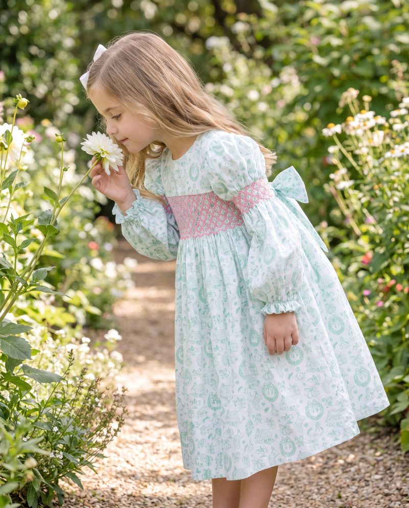 Mint Green Long Sleeve Smocked Girl Clothes